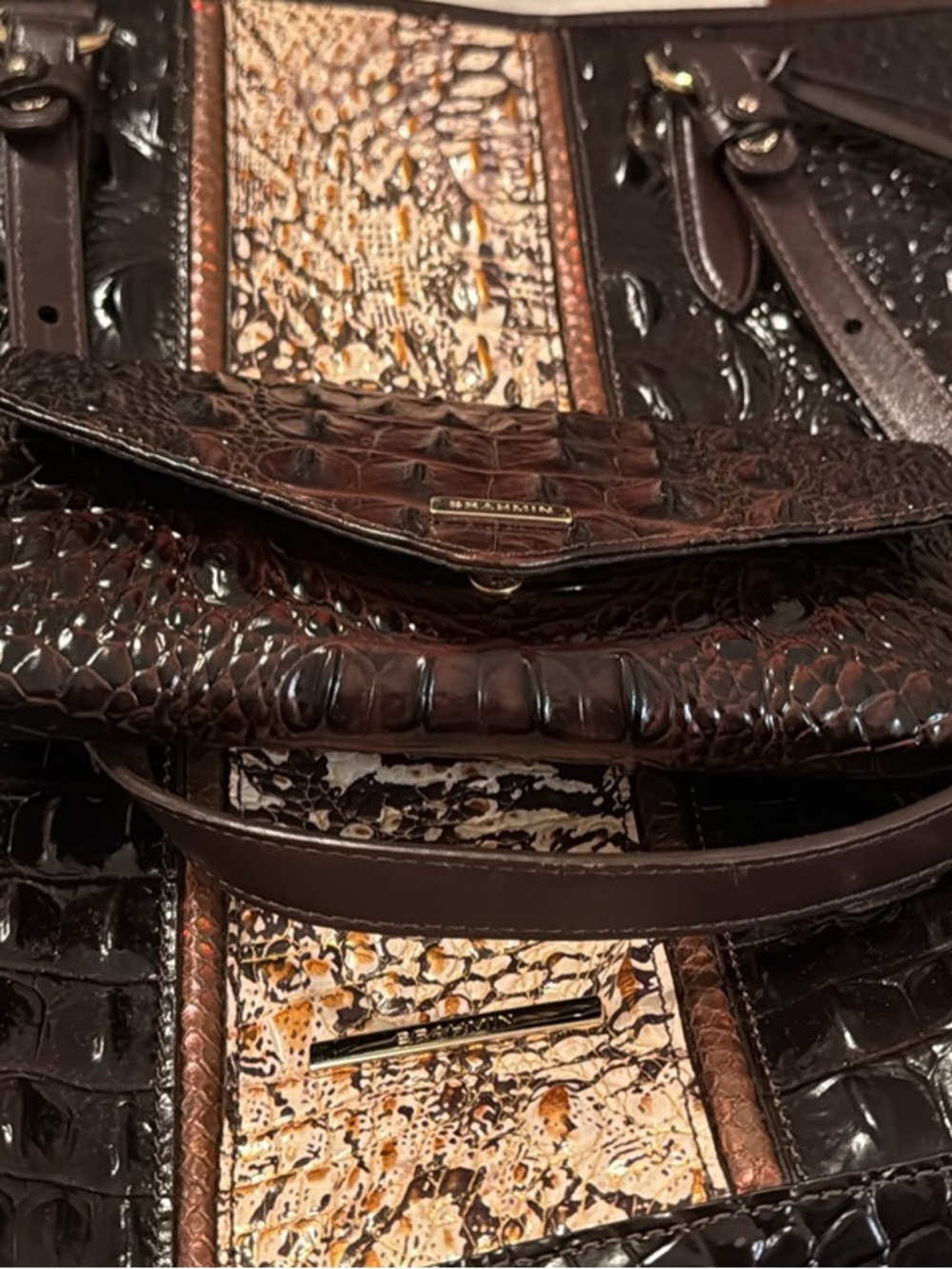 Brahmin Dark Brown Croc-Embossed Leather Satchel with Cream/Tan Panels